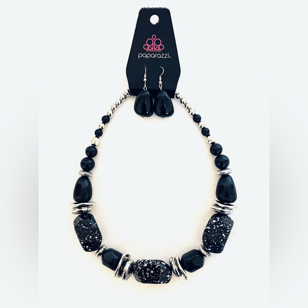 Paparazzi Earring & Necklace Set Midnight Black and Silver NWT